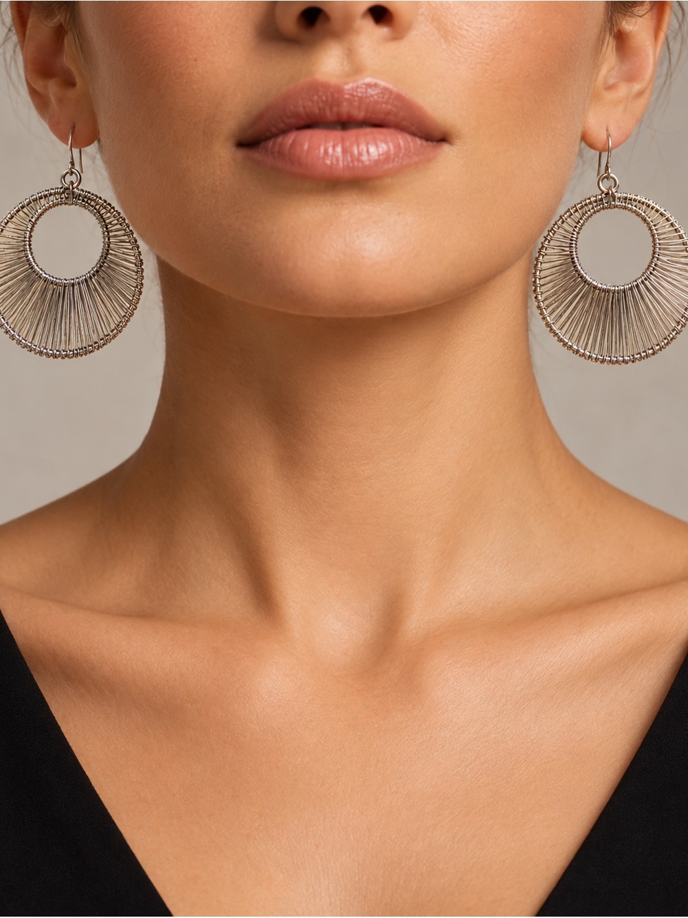 Silver Tone Openwork Circle Dangle Earrings Large 2' Boho Statement